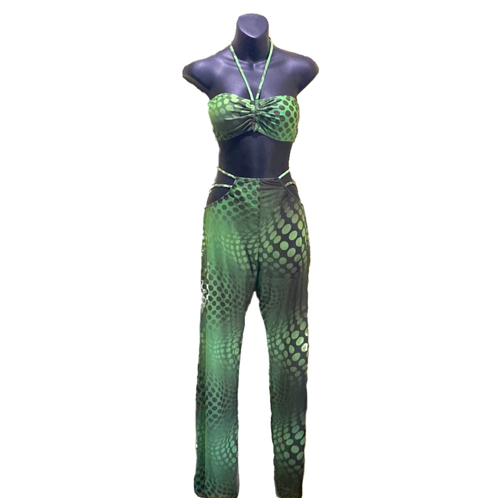 3-PC BIKINI CAMO SWIM SET SZ M GREEN/BLACK HALTER BRA, DOTS